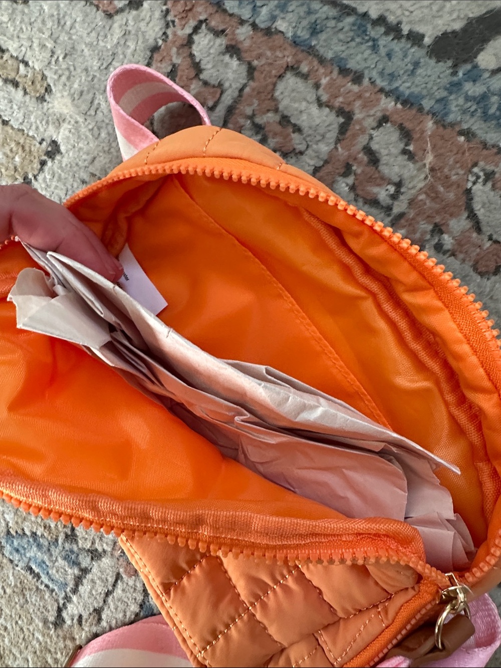 Kirklands Orange Quilted Crossbody Bag with Pink & White Strap - Picture 3 of 5